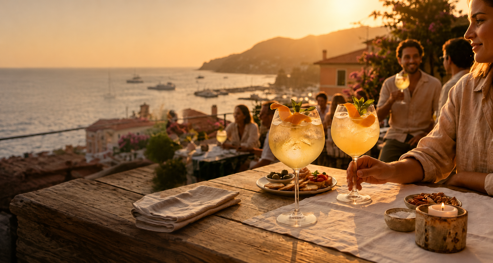 Friends enjoying Myrlèmon Australian vodka liqueur spritz cocktails during golden hour with native lemon myrtle-inspired citrus garnish.