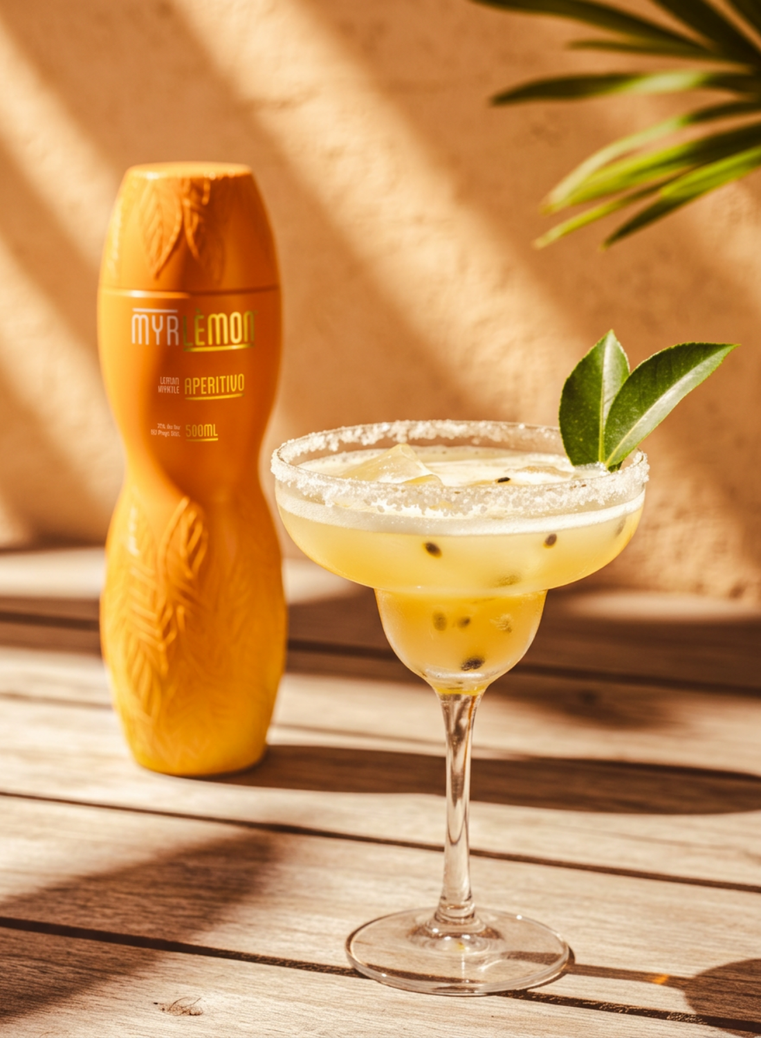 The Tropical Margarita made with Myrlèmon, tequila, pineapple juice and fresh passionfruit, served in a salt-rimmed glass.