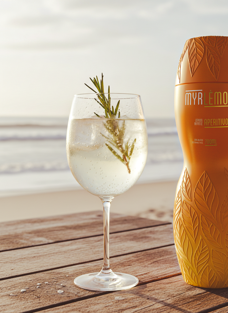 The Coastal Spritz made with Myrlèmon, premium Prosecco and soda water, served over ice.