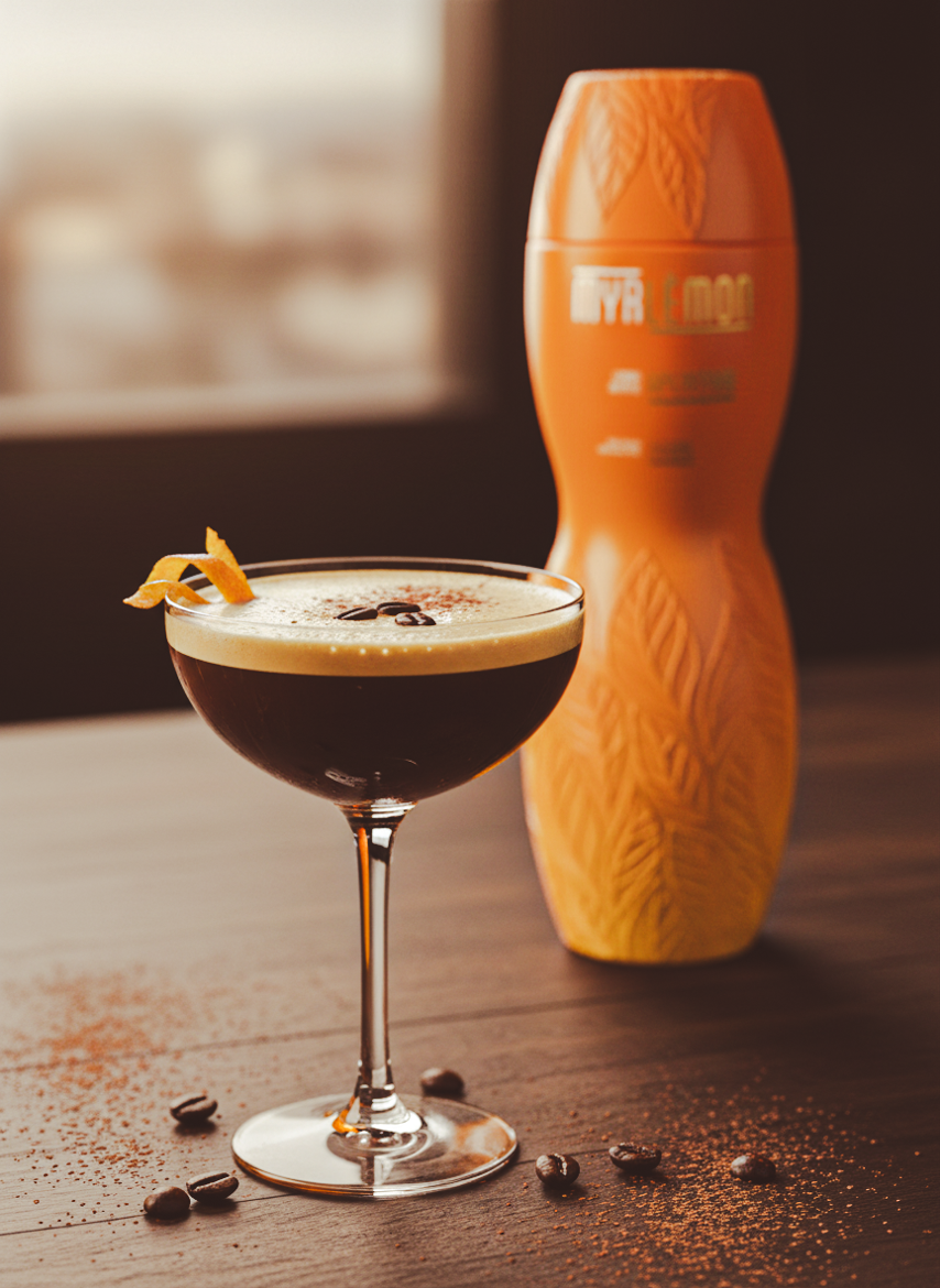The Midnight Myrtle cocktail made with Myrlèmon and premium coffee liqueur, served in a chilled glass.