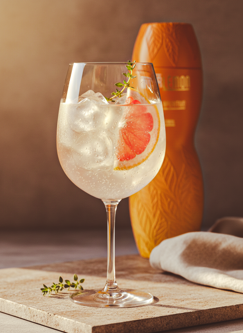 The Golden Hour Spritz made with Myrlèmon, Prosecco and grapefruit soda, garnished with pink grapefruit.