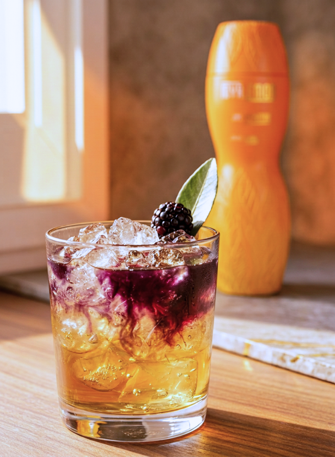 The Bramble Twist made with Myrlèmon, botanical gin, Chambord and soda water, served over crushed ice with a fresh blackberry.
