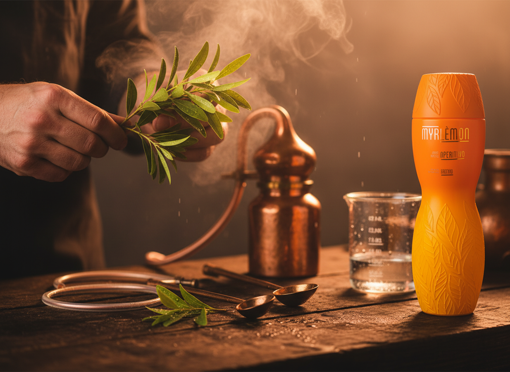 Orange bottle labeled 'Overhead' on a table with herbs and a smoking apparatus.