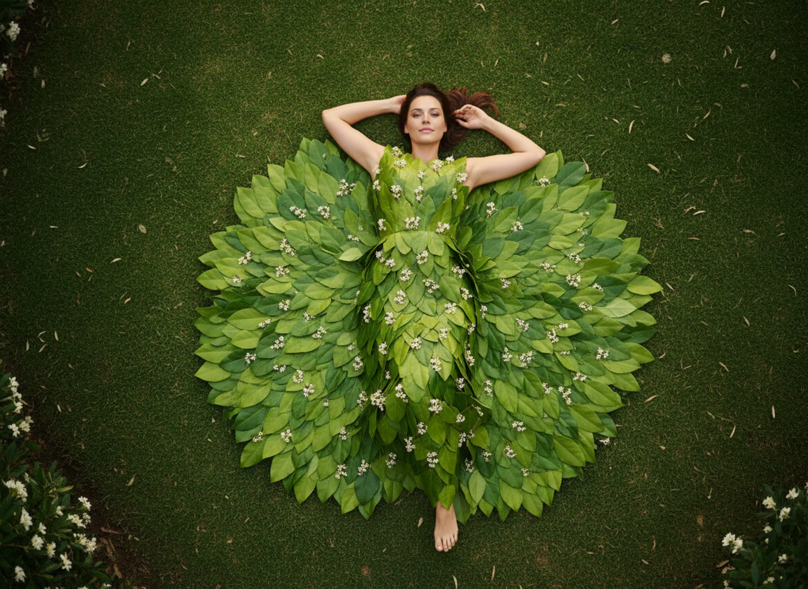 Woman lying on a large leaf-shaped rug with a green background