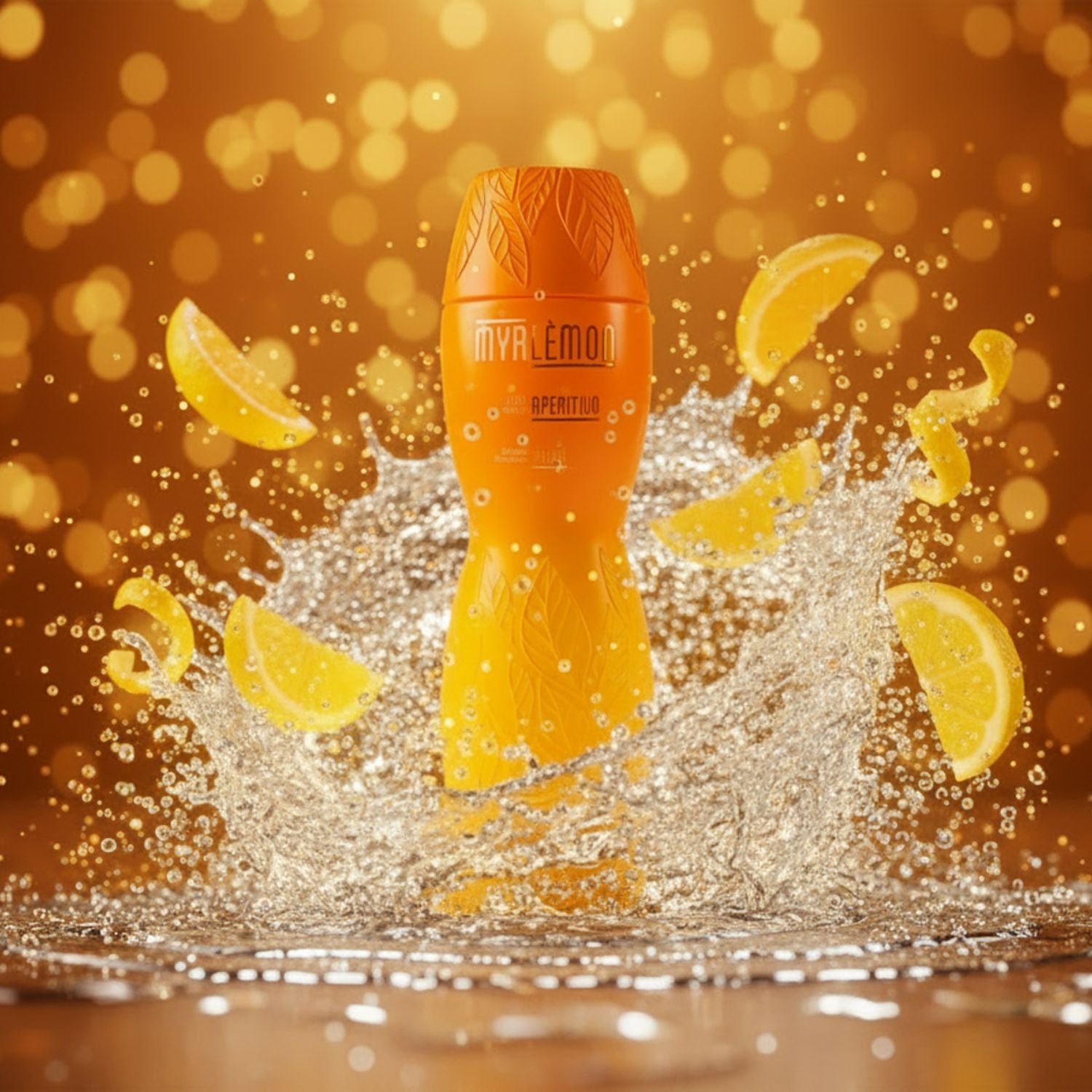 Myrlèmon Australian lemon myrtle liqueur bottle surrounded by sparkling water and citrus wedges for golden-hour cocktails.
