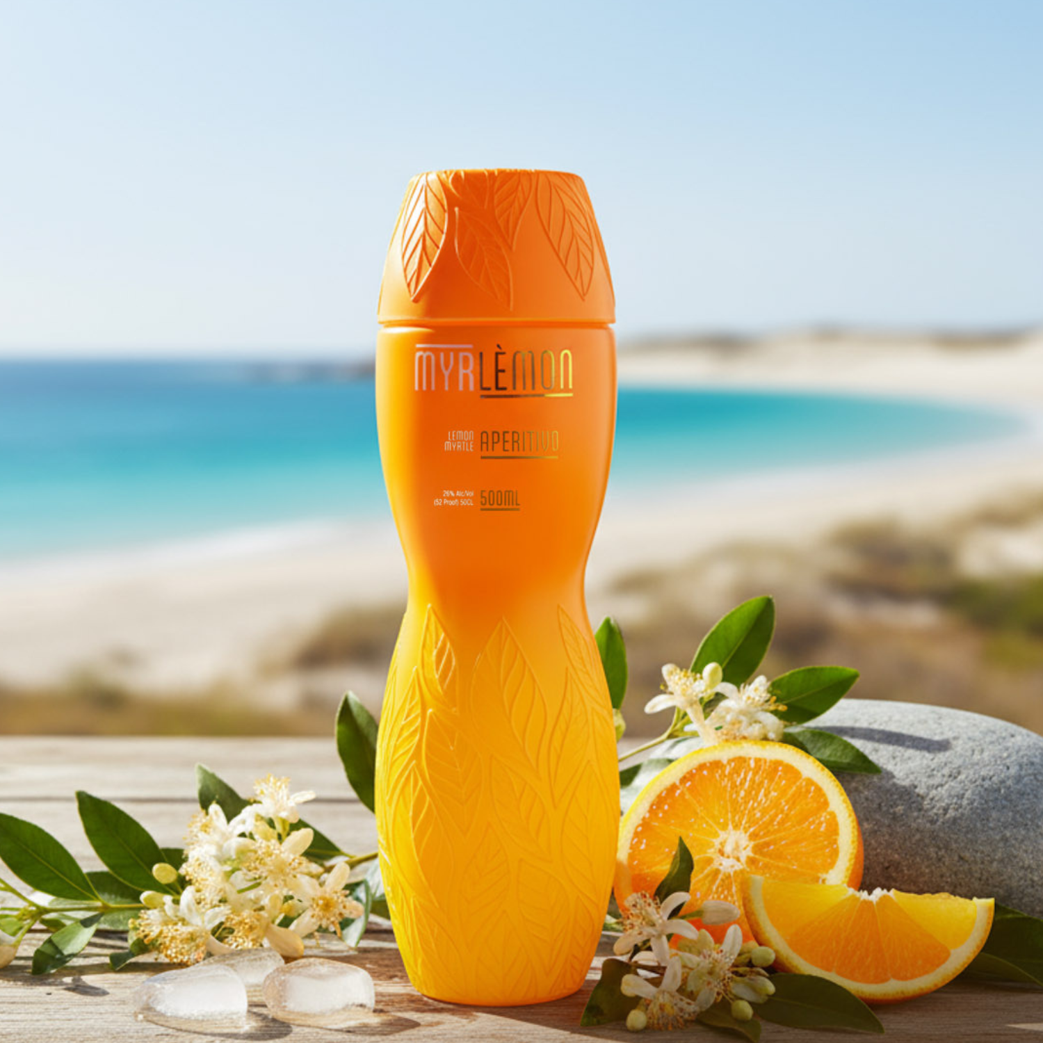 Myrlèmon MyrBottle lemon myrtle liqueur displayed by the beach with fresh citrus.