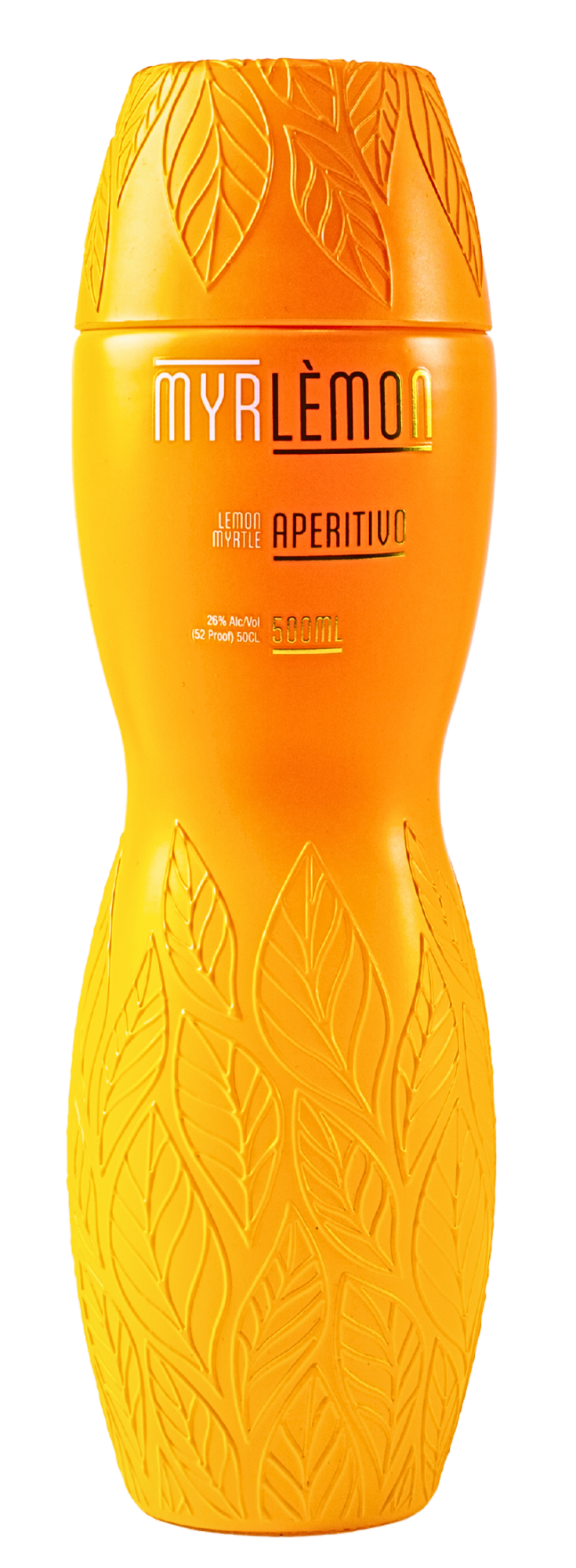 Full bottle of Myrlèmon MyrBottle Australian lemon myrtle liqueur transparent background.