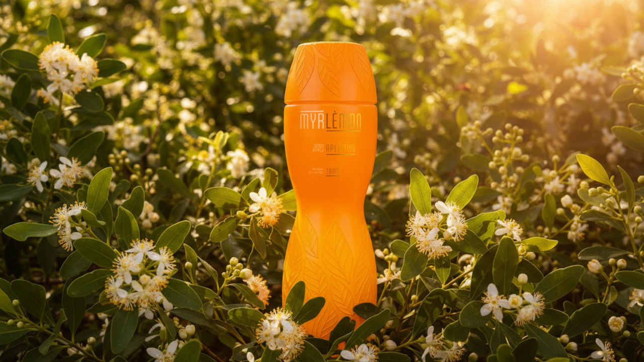 Myrlèmon recycled-glass bottle surrounded by flowering lemon myrtle in warm golden sunlight.