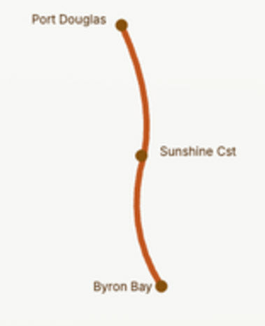Map showing the native growing region of wild Australian lemon myrtle from Byron Bay to Port Douglas along Australia's east coast.